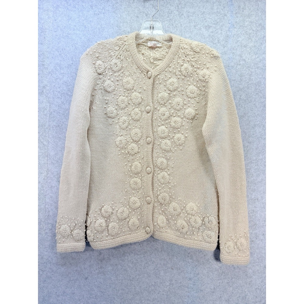 VTG Wool Women's Sweater Cream Embellished Size 38